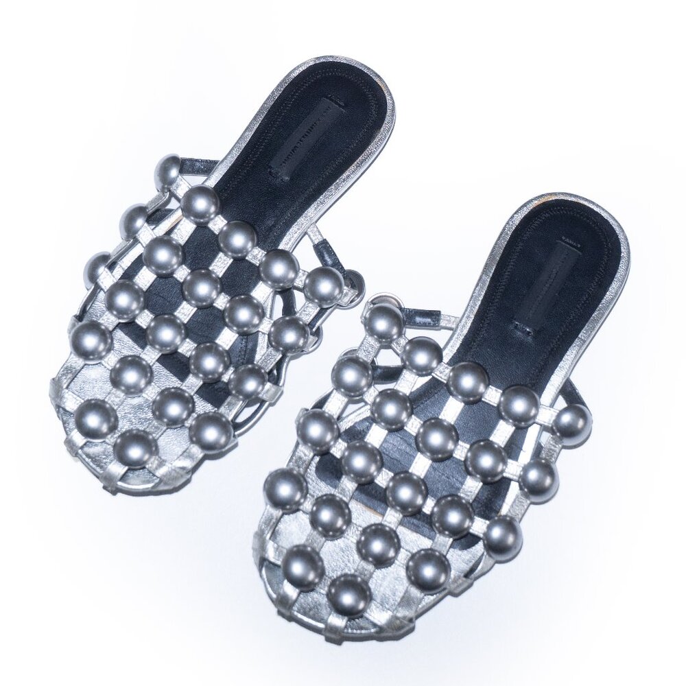 ALEXANDER WANG - AMELIA STUDDED FLATS, SILVER/SILVER